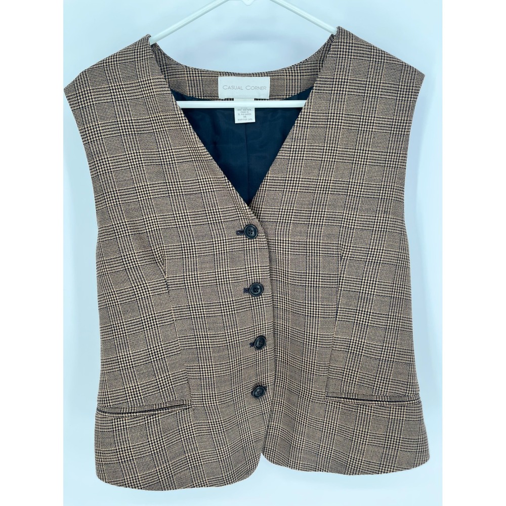 CASUAL CORNER Vest Women 14 Brown Plaid Wool Blend Button Front Dark Academia